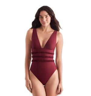 Mimi flamingo Sonny ruffled one piece swimsuit burgundy sz 10 henna